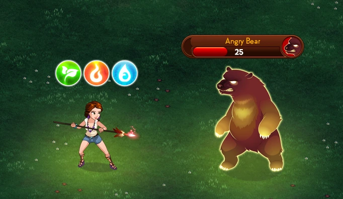 Game character in a battle with a bear on an adventure island