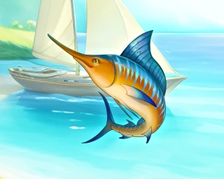 In game Marlin fish on an island backdrop